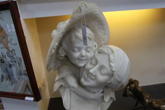 Emilio Fiaschi (1858-1941) A carved alabaster bust of a girl hugging her mother, height 25in.